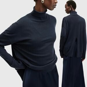 Allsaints Navy Blue Wool Neo Turtleneck High-Low Split Hem Sweater Top Size L